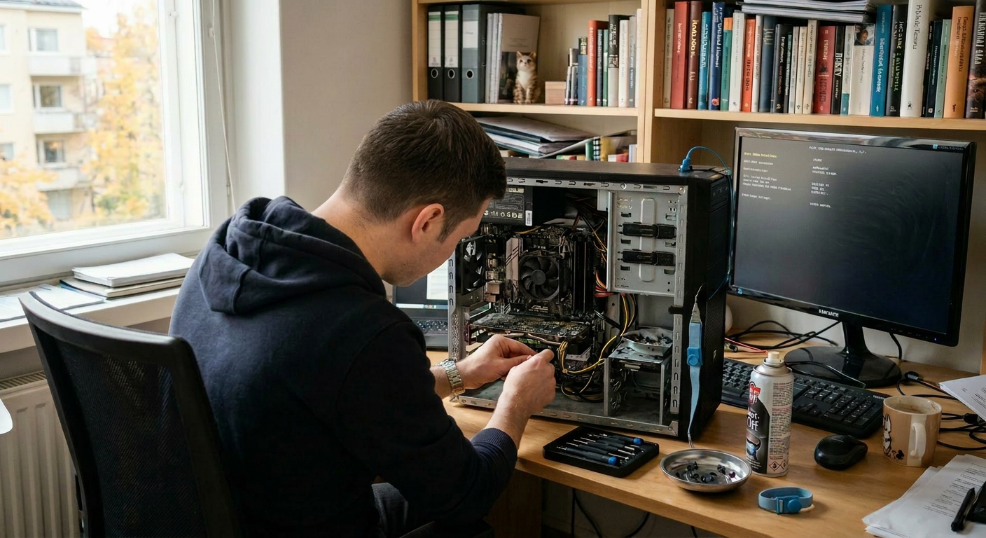 Terno Palmroth korjaa tietokonetta Hämeenkyrössä — ICT-Palmroth tietokonehuolto